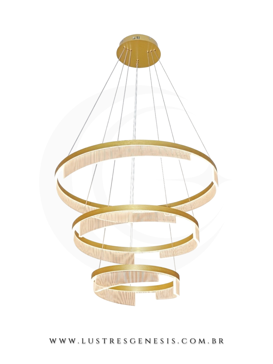 Lustre Pendente Moderno Alum&iacute;nio Acr&iacute;lico LED DCD03161 Dourado Bivolt 112W 3000K &Oslash;40x60x80cm, Sala de Jantar, P&eacute; Direito Duplo